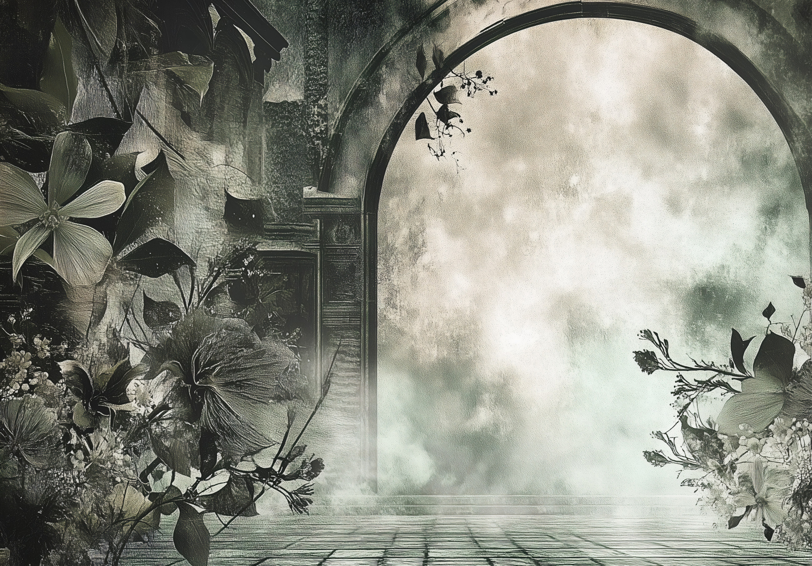 Фототапет с арка и цветя във винтидж стил